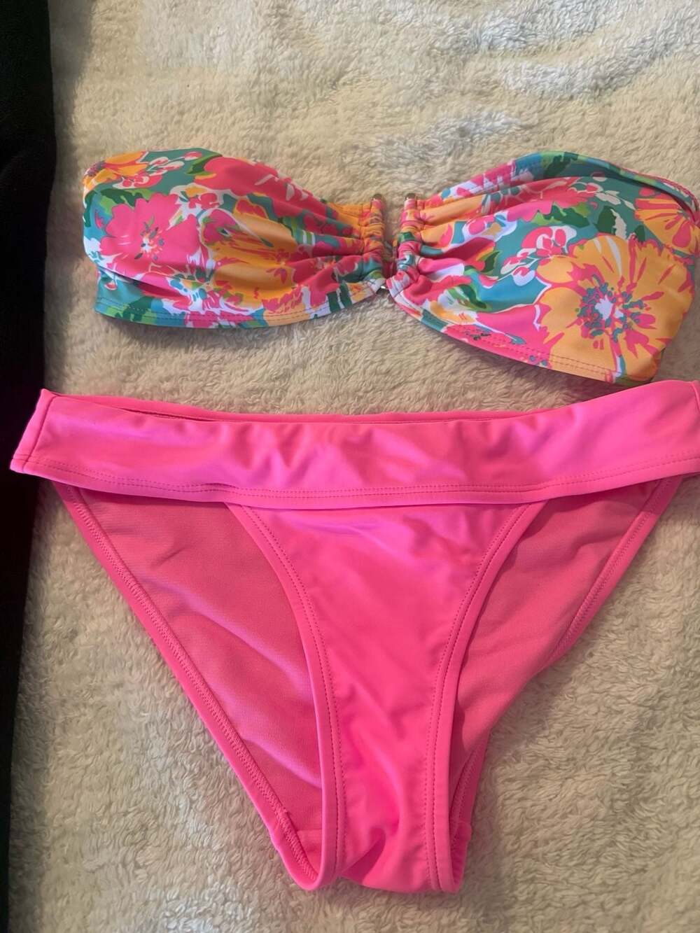 No Boundaries Floral Print Bandeau Bikini Set with Pink‎ Crossover Bottoms